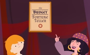 A cartoon fortune teller pointing to a budget guide