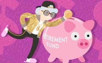 A cartoon grandmother putting a large coin in a large Interior Savings piggy bank