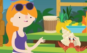 A cartoon woman talking to a cartoon crab