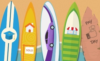 Five cartoon surfboards